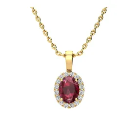 1 2/3 Carat Oval Shape Ruby And Halo Diamond Necklace In 14 Karat Yellow Gold With 18 Inch Chain