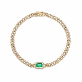 14K Gold Emerald and Pave-Diamond Cuban Link Chain Bracelet