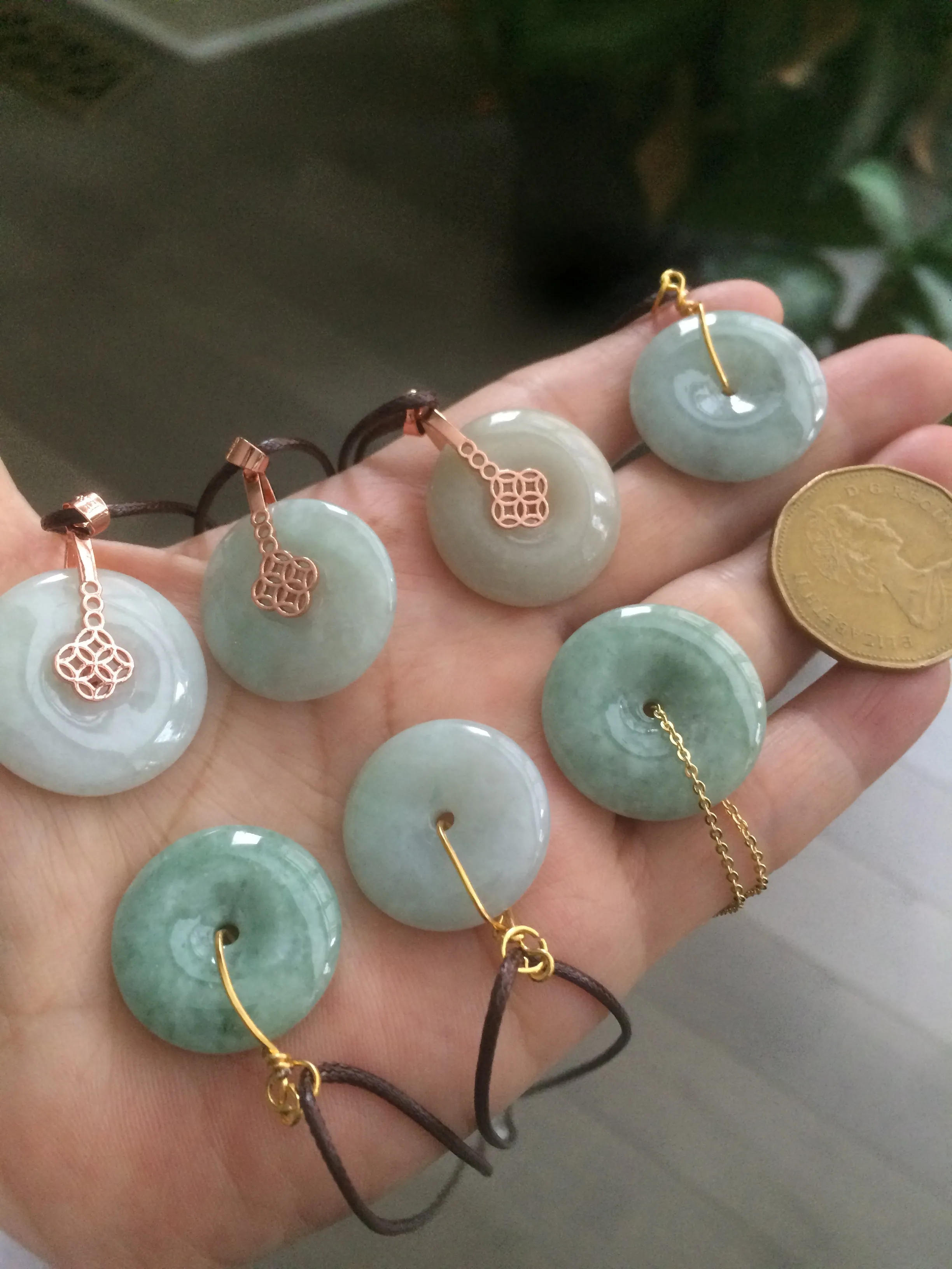 22-24mm Type A 100% Natural green/white Jadeite Jade Safety Guardian Button donut Pendant group AE25