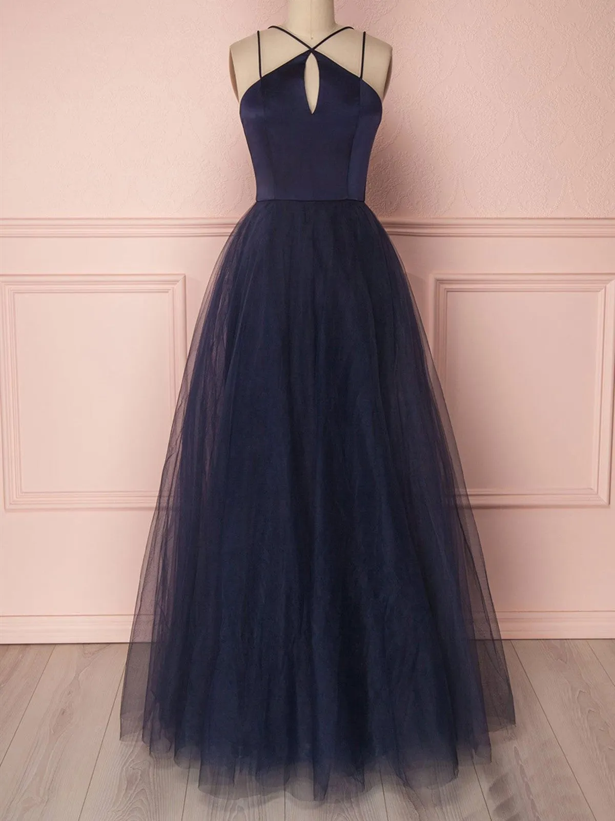 A Line Cross Neck Open Back Dark Navy Blue Prom Dress,Dark Navy Blue Tulle Long Formal Evening Dress