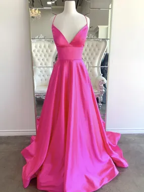 A Line V Neck Hot Pink Backless Long Prom Dresses, V Neck Hot Pink Long Formal Evening Graduation Dresses