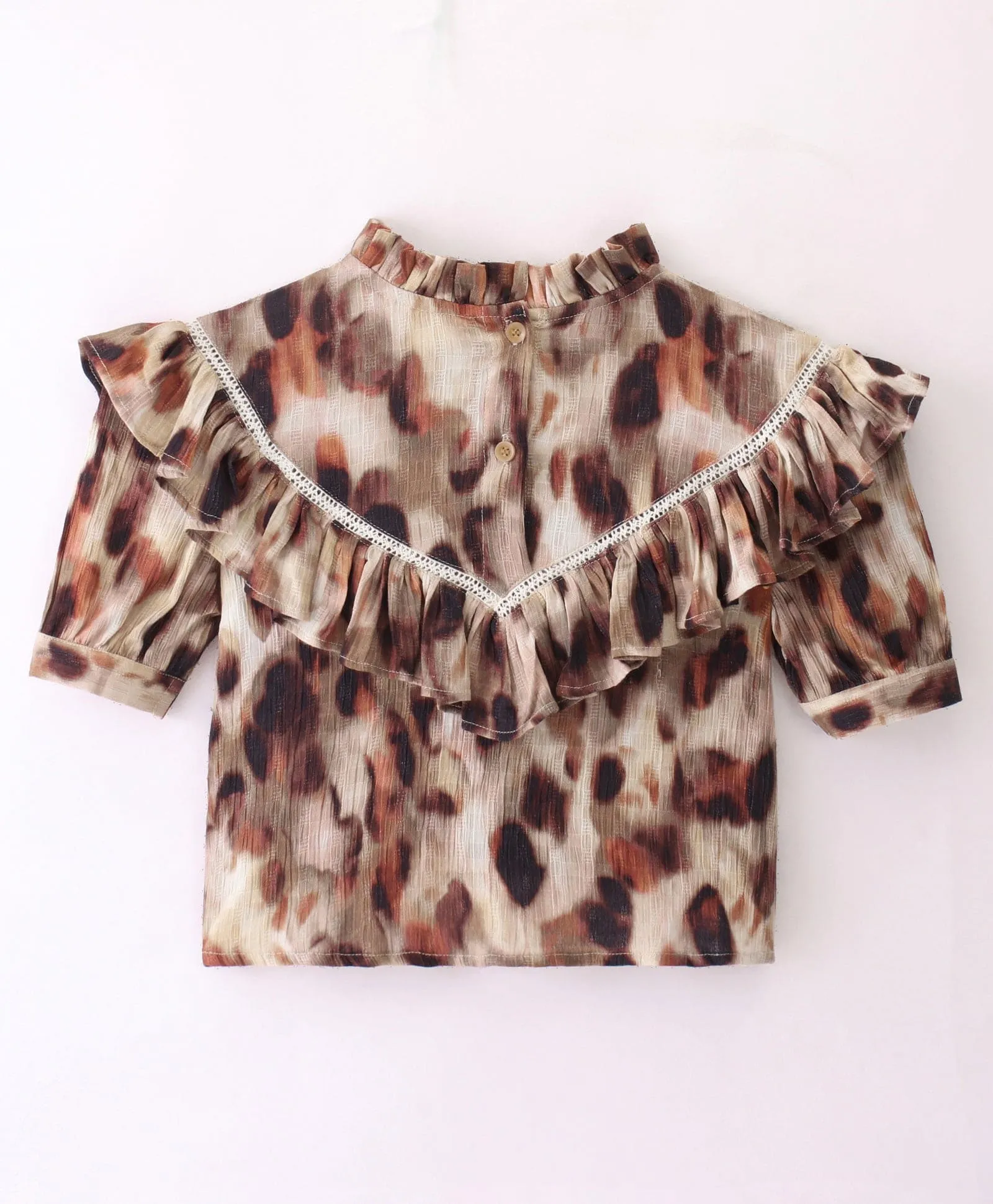 Animal print Cotton top with ladder lace at yoke seam n frills along the yoke-Brown