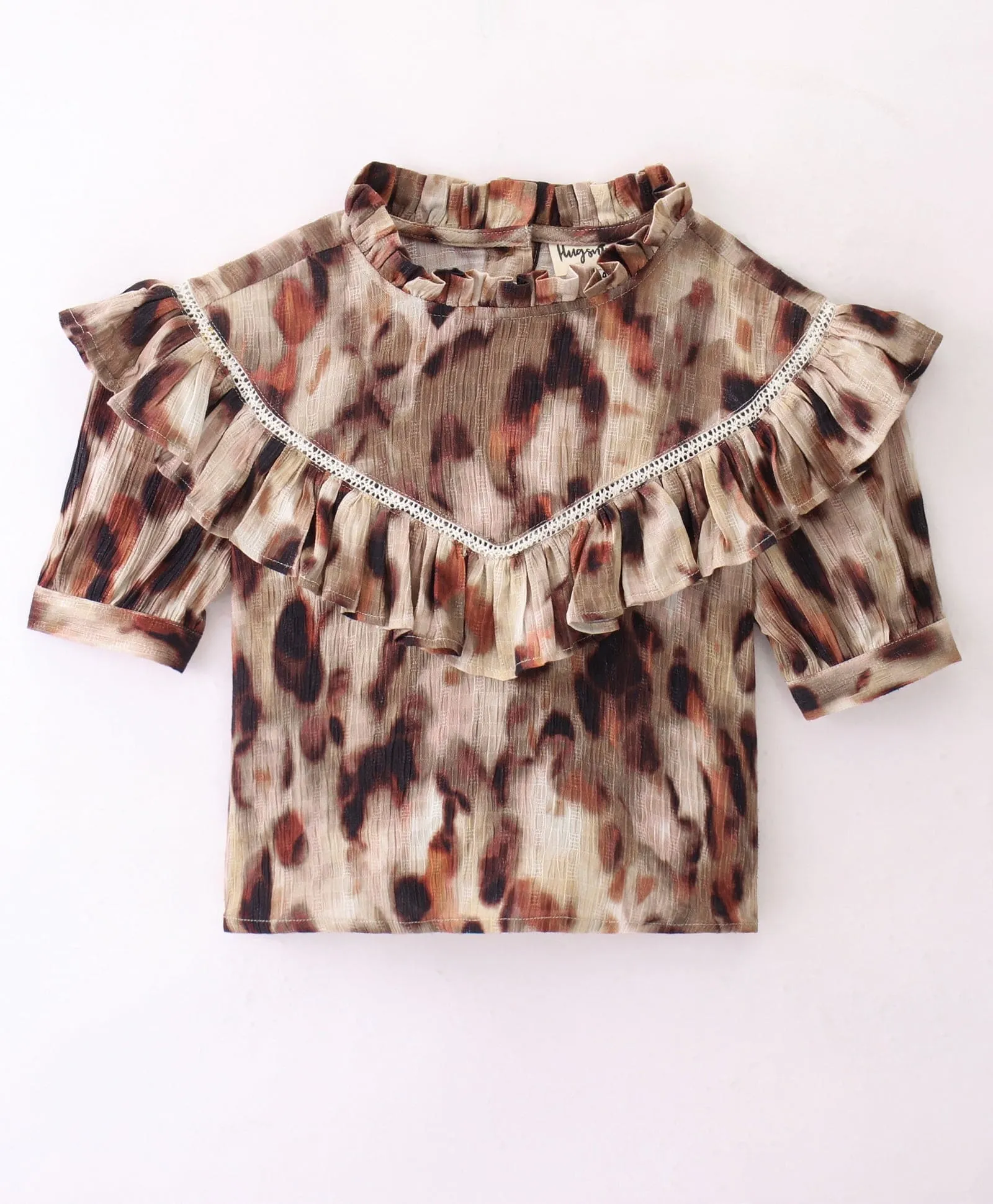 Animal print Cotton top with ladder lace at yoke seam n frills along the yoke-Brown