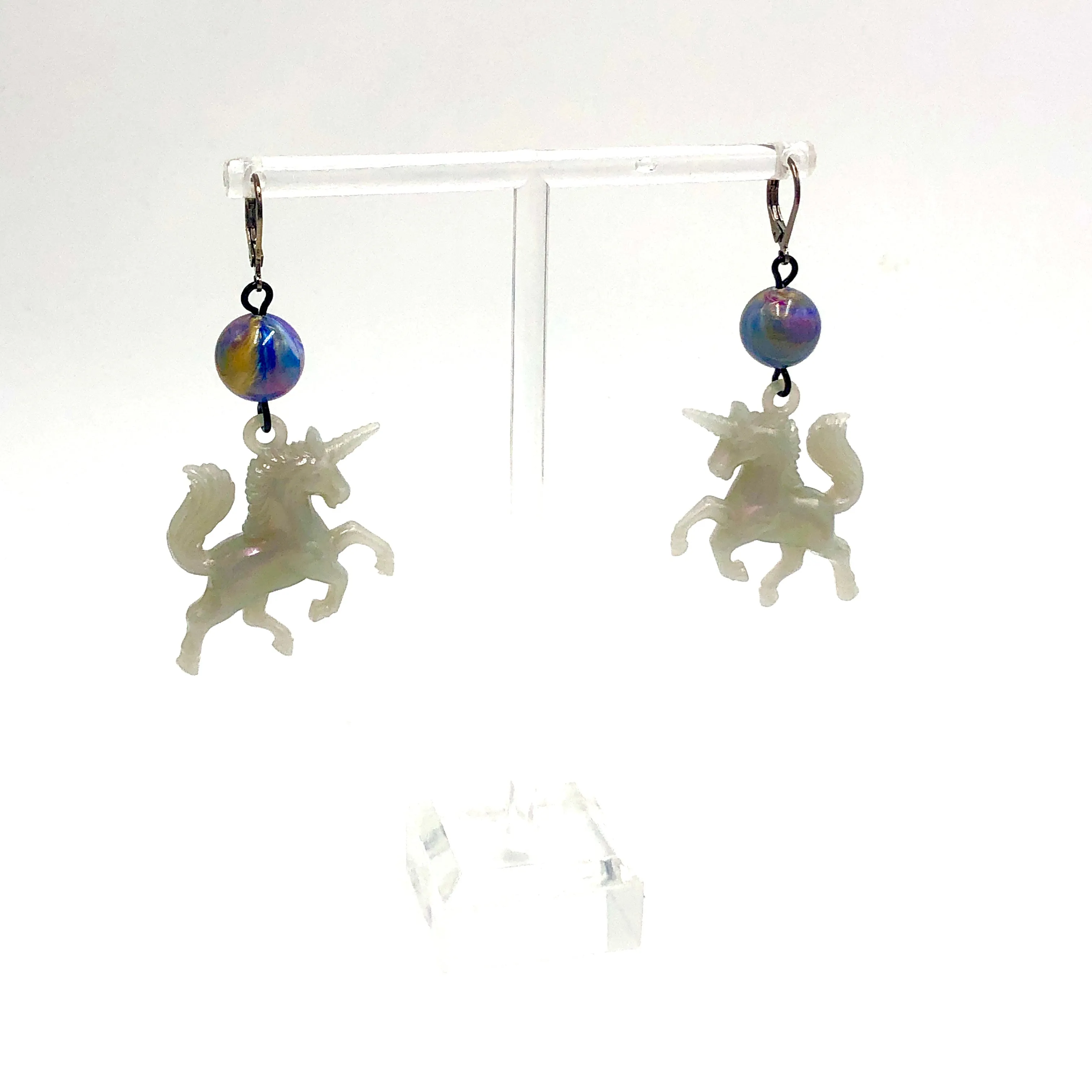 Aurora Grey & Marbled Blue Unicorn Earrings