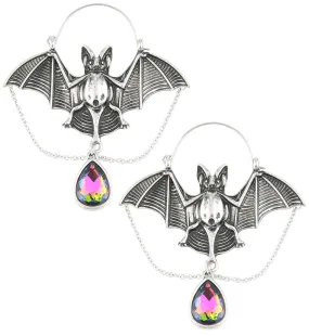 Bat Dangle Chains Black Aurora Teardrop CZ Stainless Steel Plug Hoops