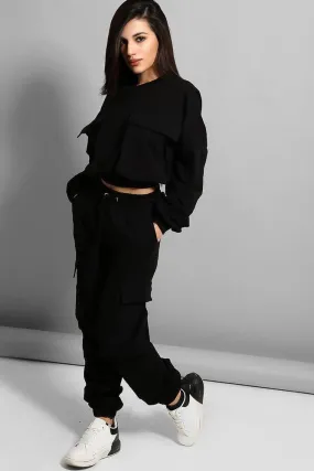 Black Exaggerated Front Pockets Cropped Top Tracksuit