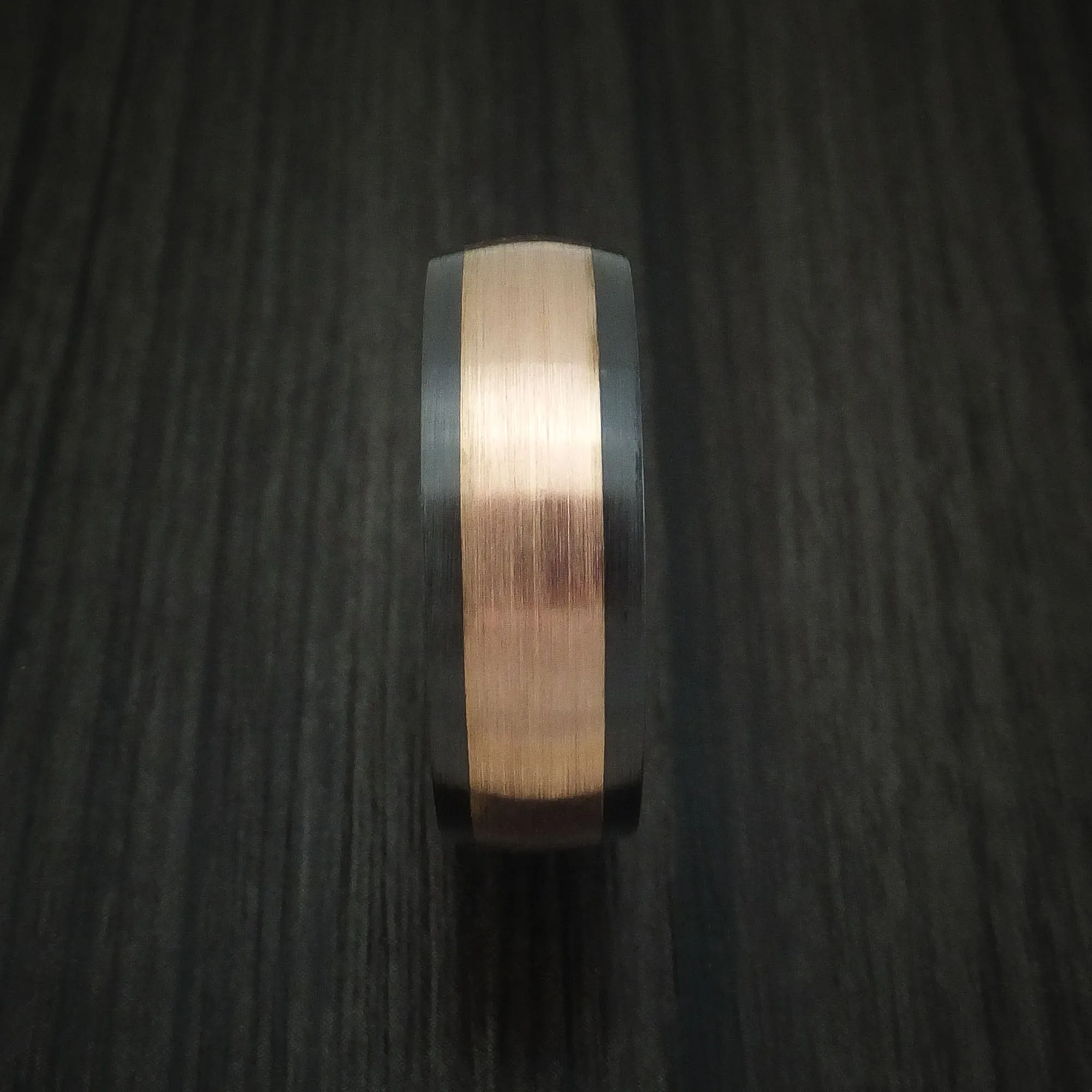 Black Titanium and 14K Rose Gold band with Whiskey Barrel Wood Sleeve Custom Made