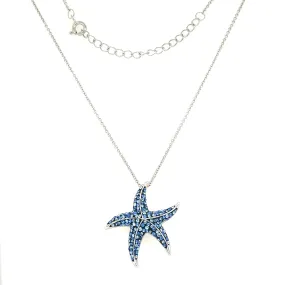 Blue Starfish Necklace with Aqua and White Crystals in Sterling Silver