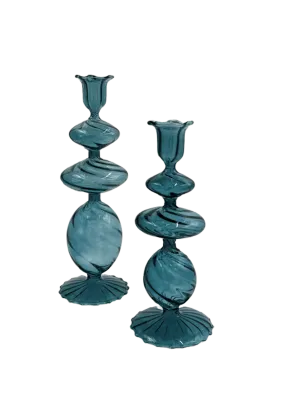 Blue Swirl Glass Candlestick - (two sizes)