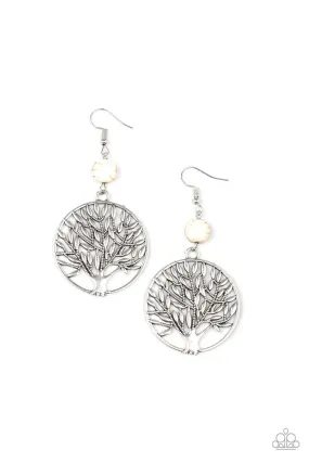 Bountiful Branches White Stone and Silver Tree Earrings - Paparazzi Accessories