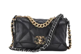 CHANEL 19 SMALL BLACK SHINY LAMBSKIN (3091XXXX) WITH GOLD-TONE, SILVER-TONE & RUTHENIUM HARDWARE, WITH CARD & DUST COVER