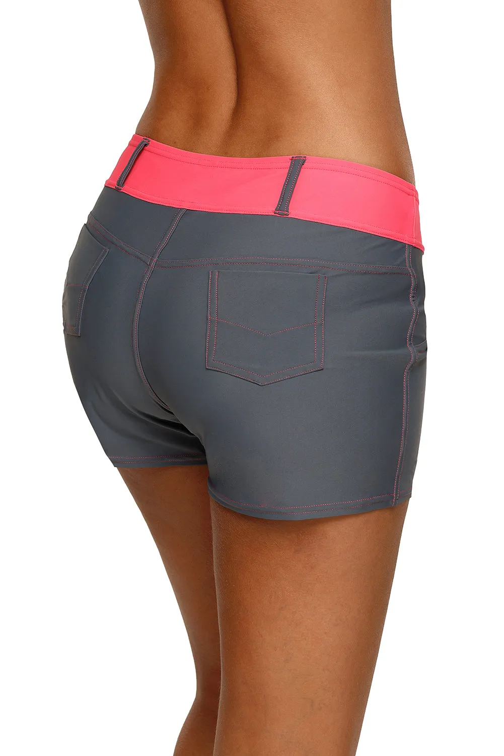 Coral Waistband Faux Denim Sports Shorts Swim Bottoms