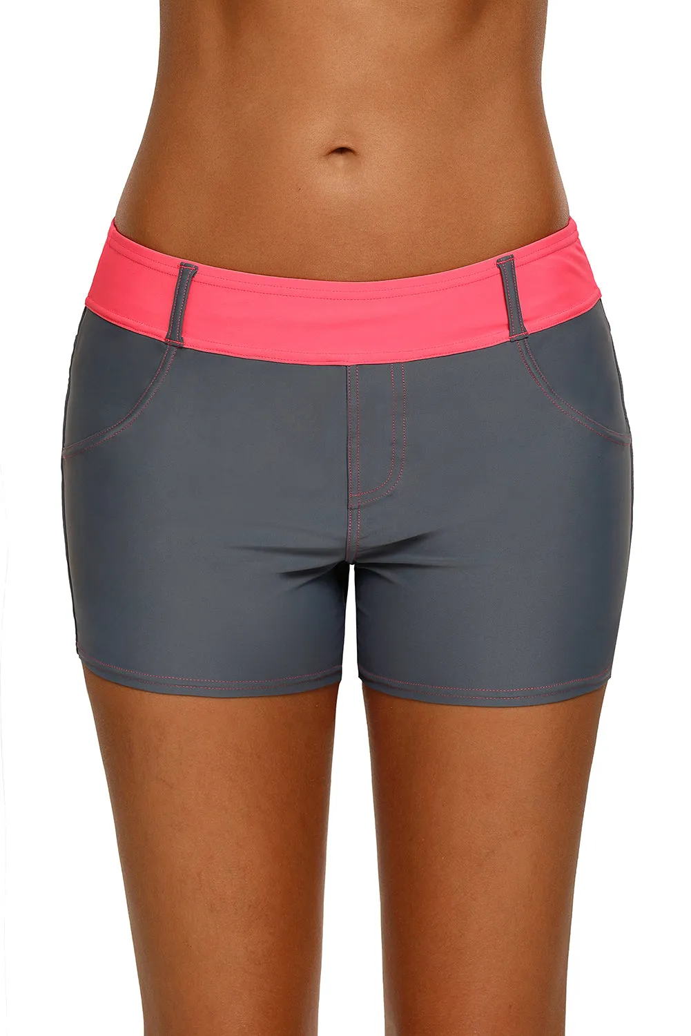 Coral Waistband Faux Denim Sports Shorts Swim Bottoms