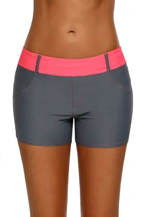 Coral Waistband Faux Denim Sports Shorts Swim Bottoms