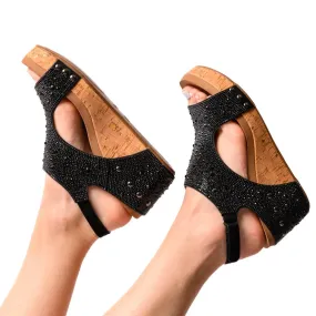 Corkys Ashley Wedge Sandals in Black Rhinestone