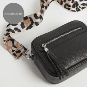 Florence Crossbody Bag in Black with Light Pink Leopard Print Strap