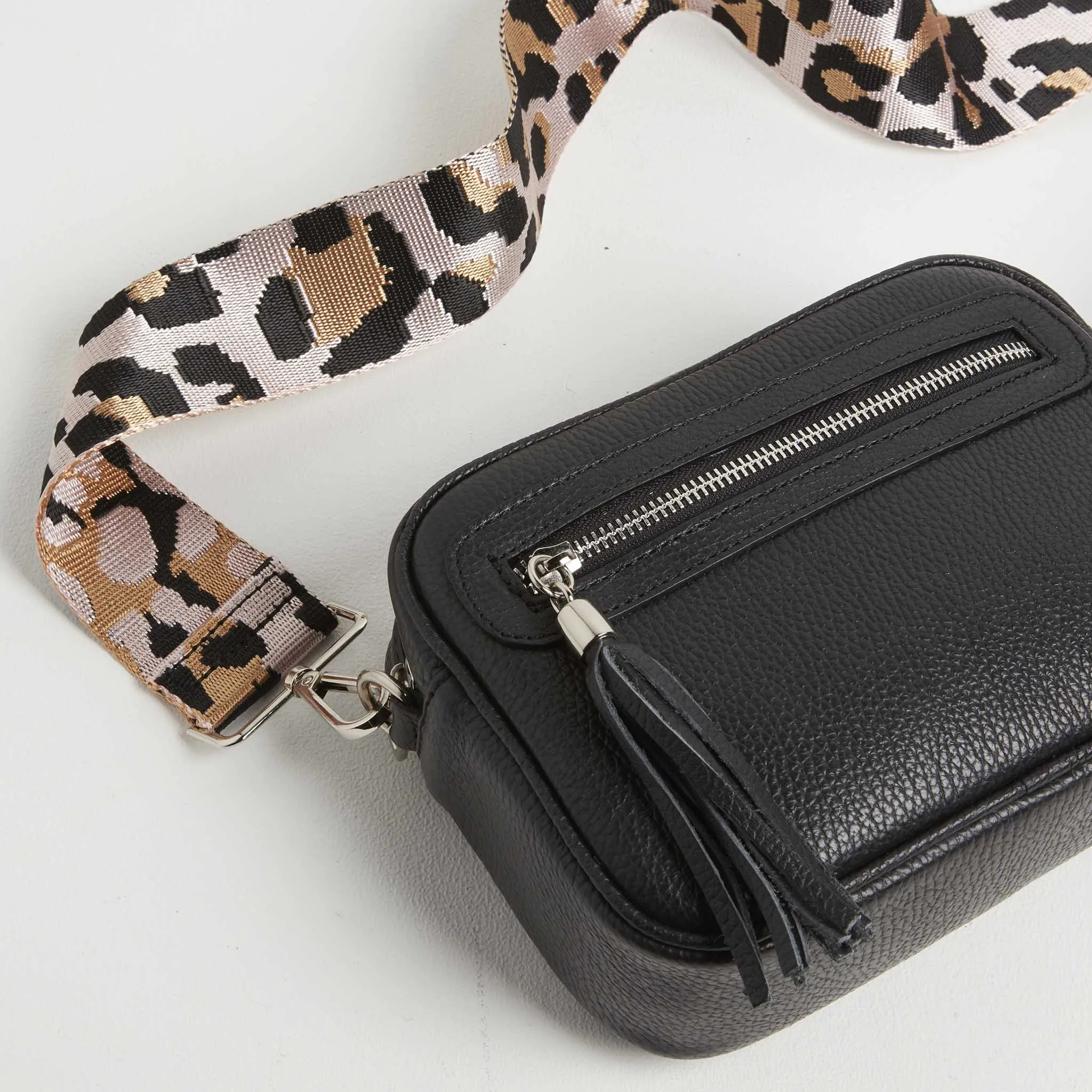 Florence Crossbody Bag in Black with Light Pink Leopard Print Strap