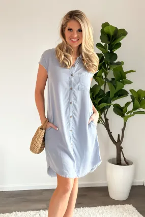 Florida Bound Fray Hem Button Down Shirt Dress : Stone Wash Blue