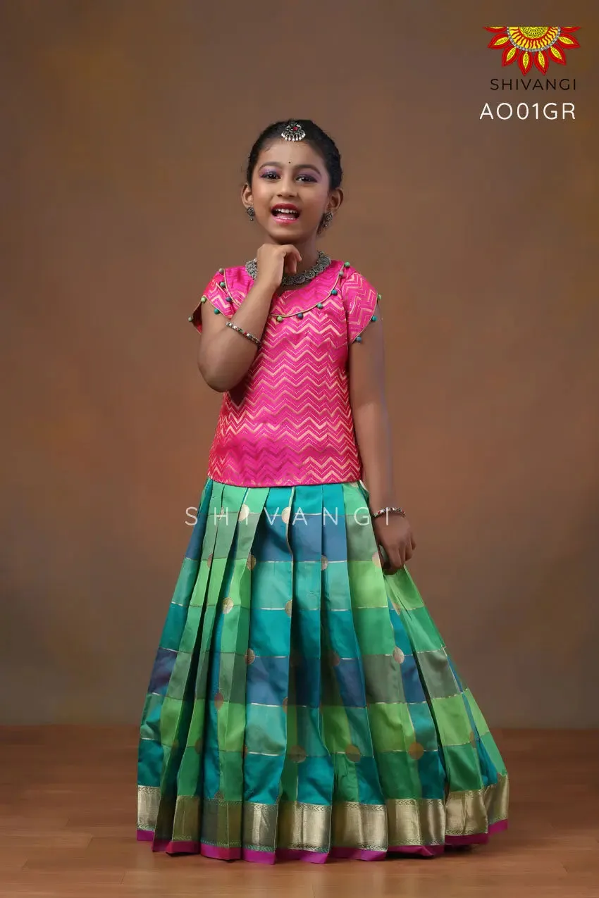 Girls Green Checks Multi Colour Pattu Pavadai