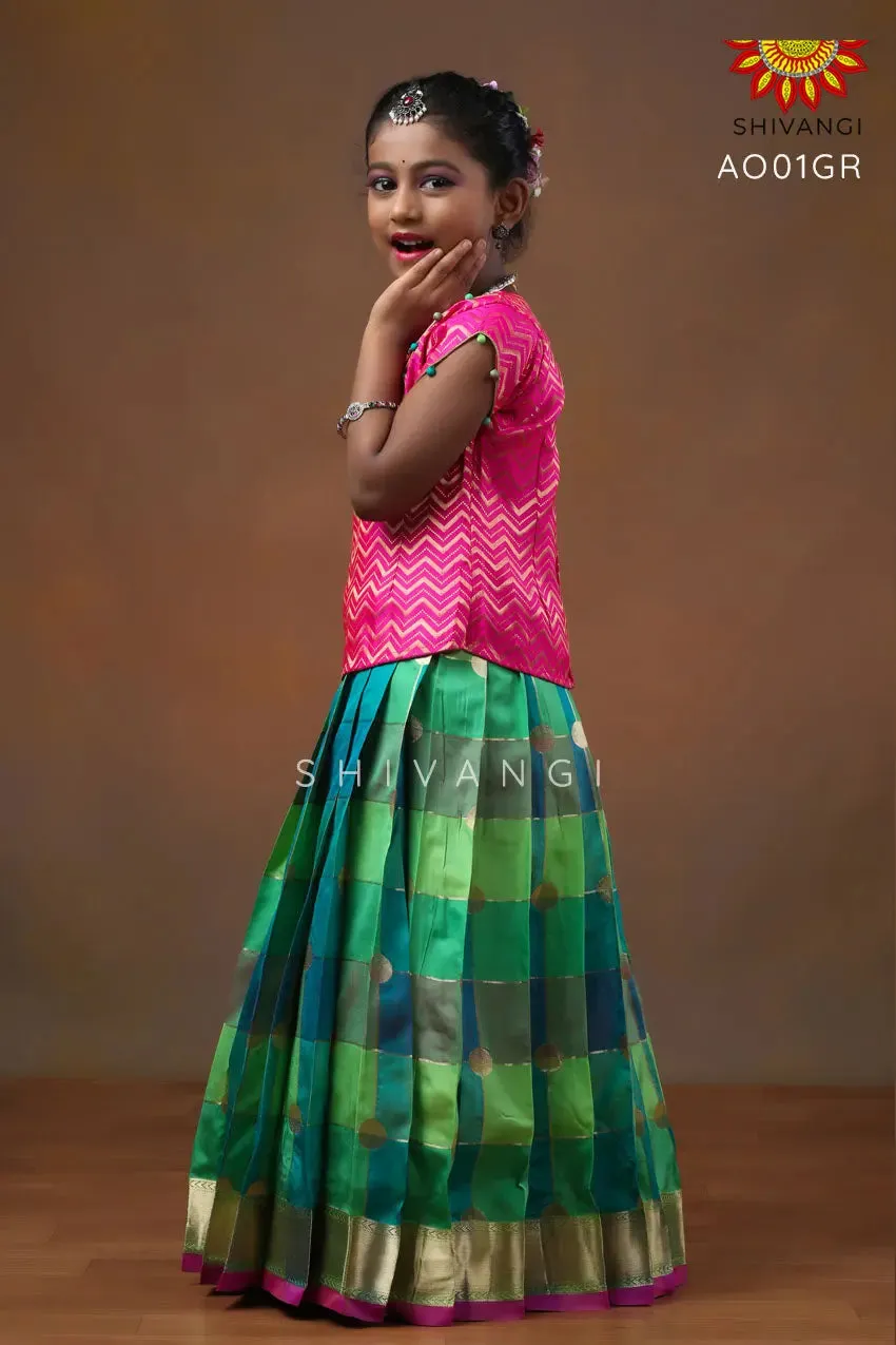 Girls Green Checks Multi Colour Pattu Pavadai