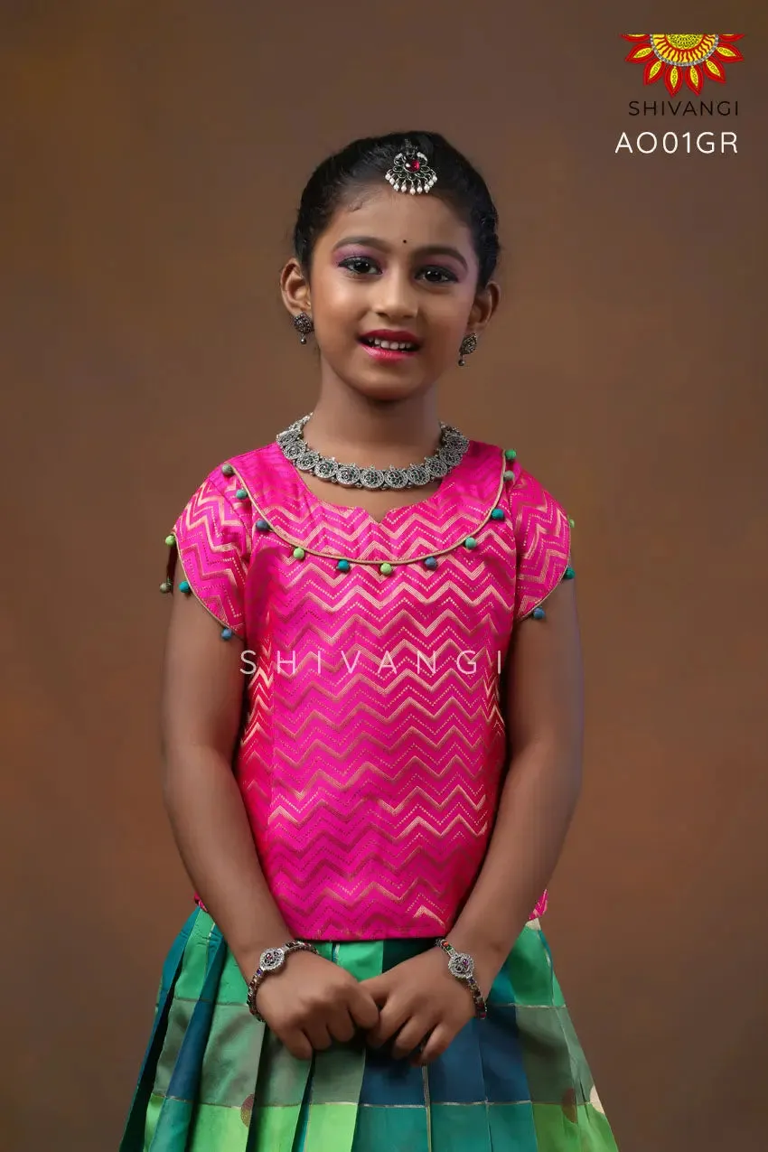 Girls Green Checks Multi Colour Pattu Pavadai