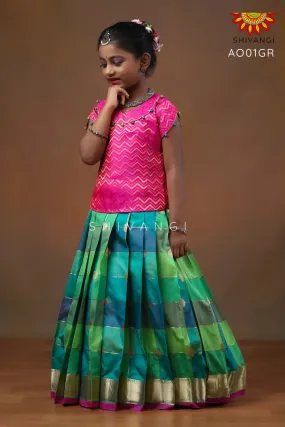 Girls Green Checks Multi Colour Pattu Pavadai