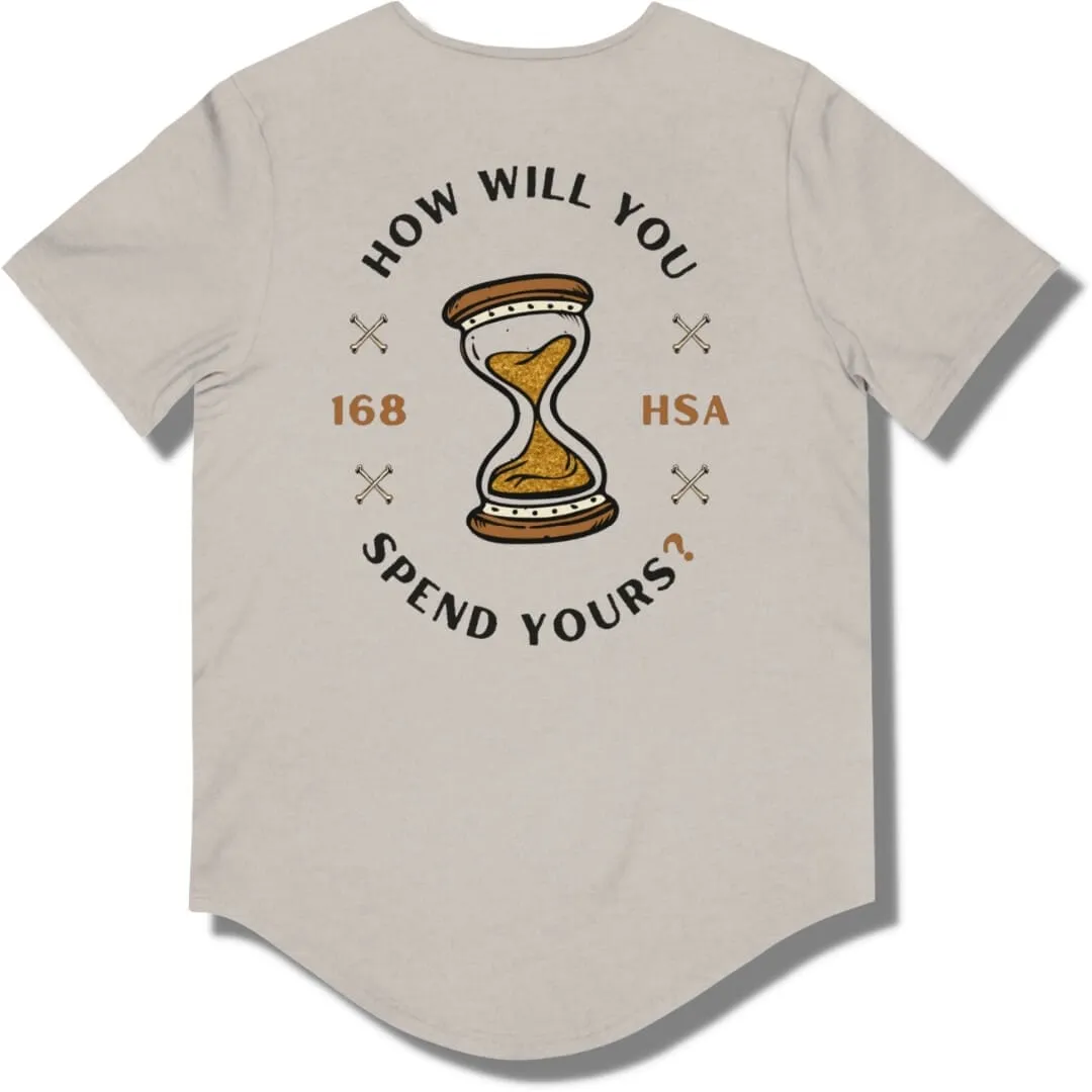 How Will You Spend Your 168? Curved Hem T Shirt - Heather Cool Gray - Dark Gold