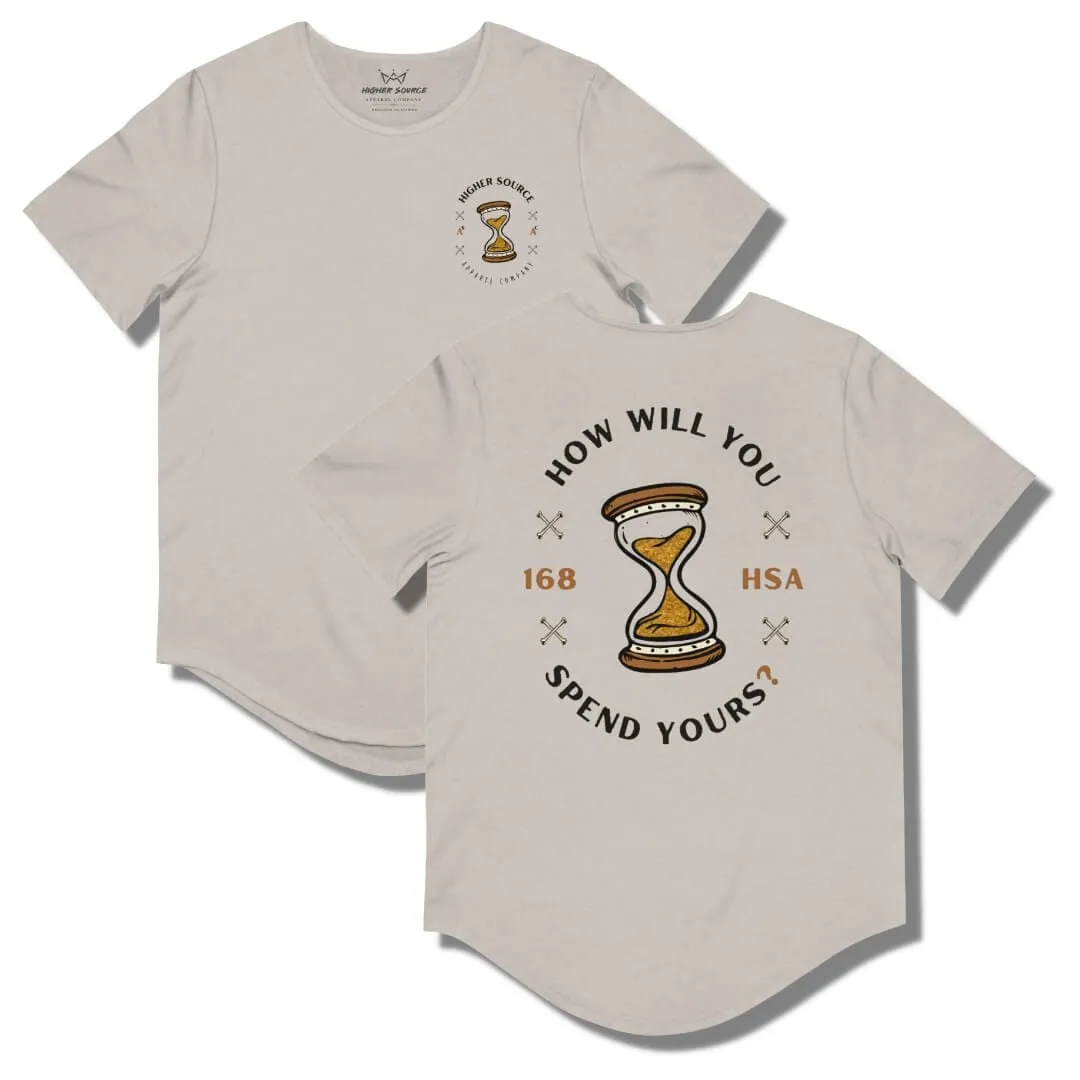 How Will You Spend Your 168? Curved Hem T Shirt - Heather Cool Gray - Dark Gold