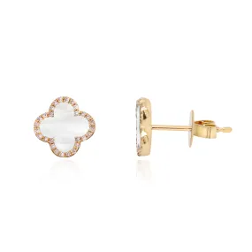 Mother of Pearl Diamond Clover Stud Earrings