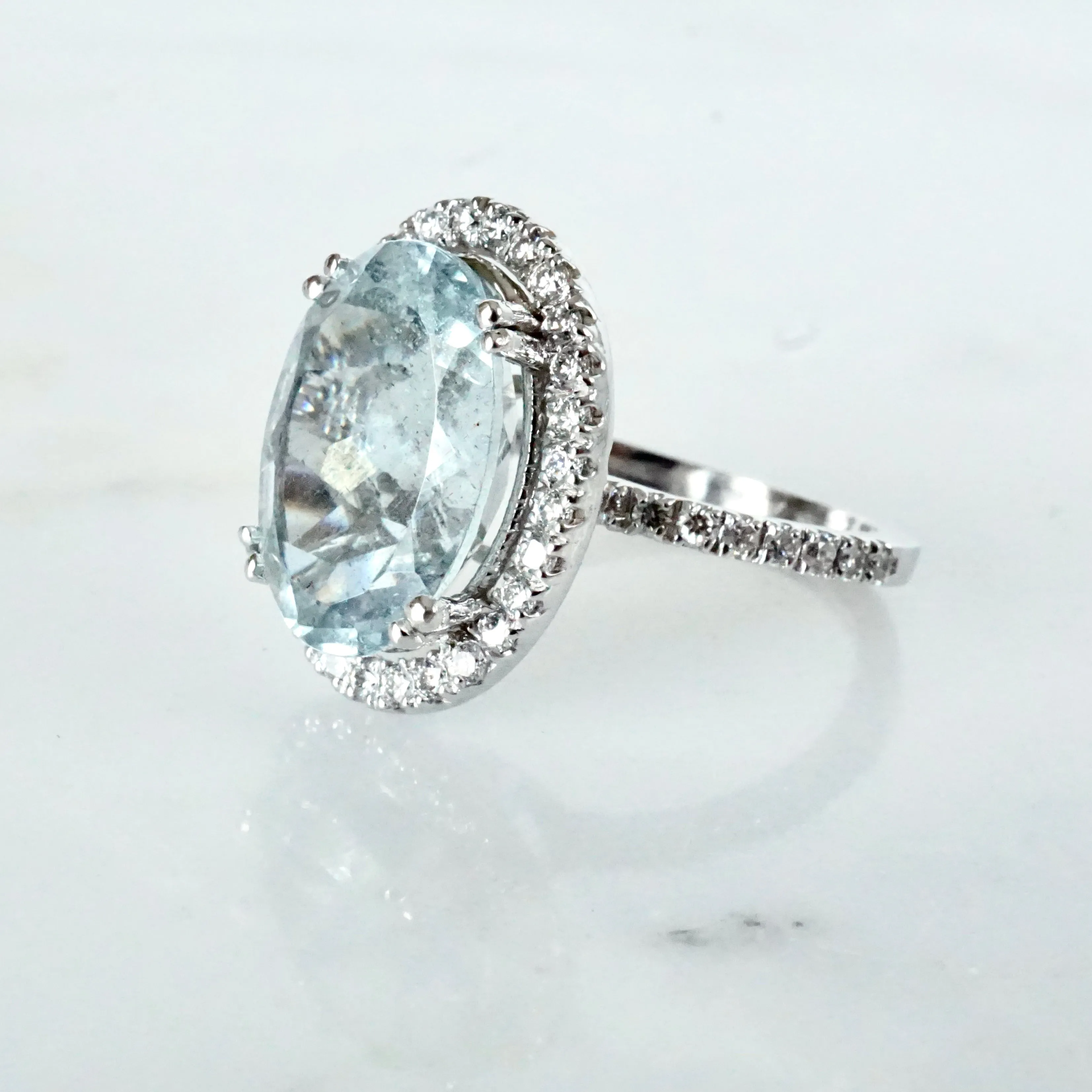 Oval Aquamarine and Diamond Ring 14k White Gold - Women's Aquamarine Halo Ring - Aquamarine Halo Ring - March Birthstone Ring