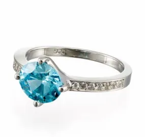 Oval Cut Blue Cubic Zirconia Pave Engagement Ring In Sterling Silver