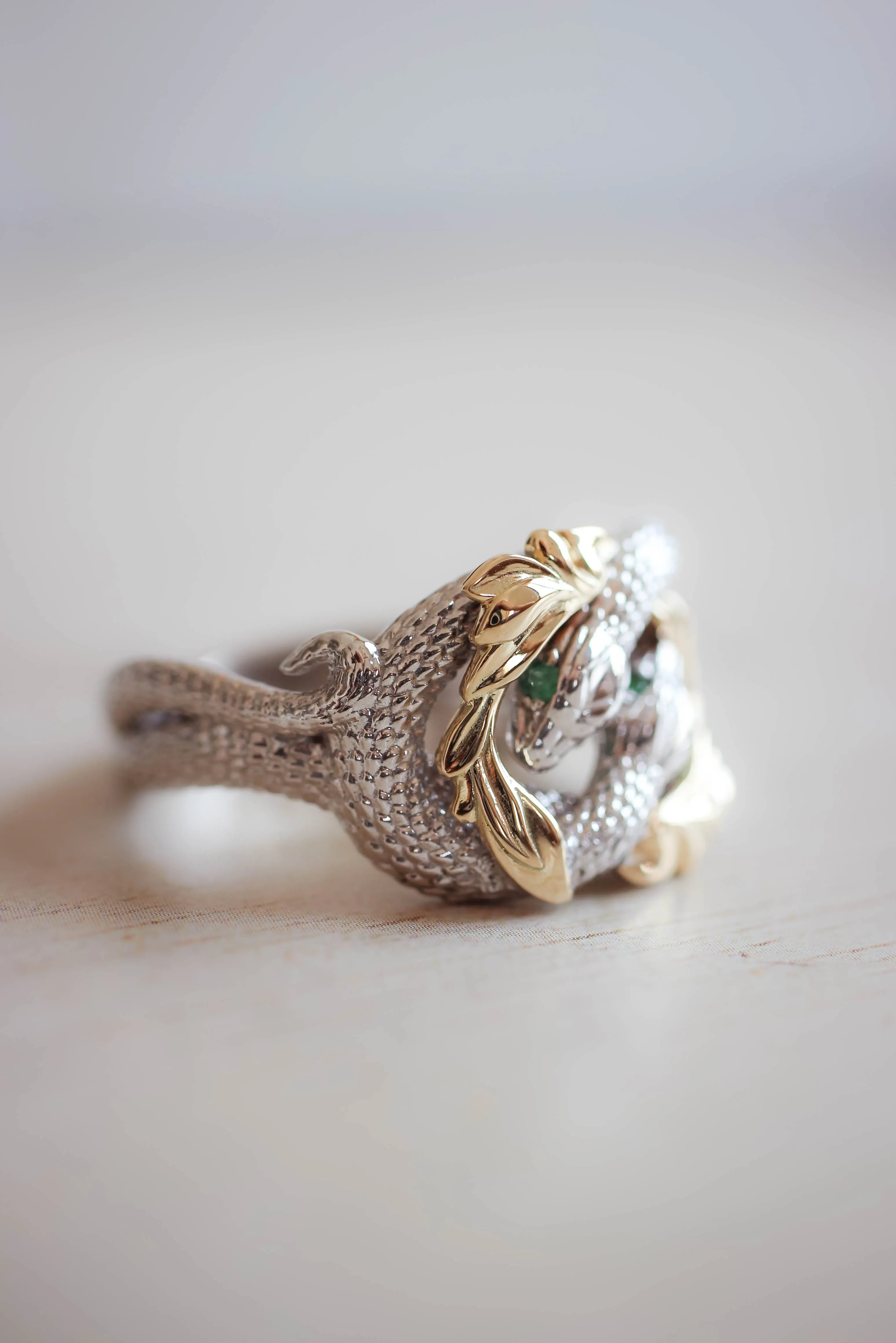 READY TO SHIP: Ring of Barahir in 14K white and yellow gold, natural emeralds, RING SIZES - 10.5 US