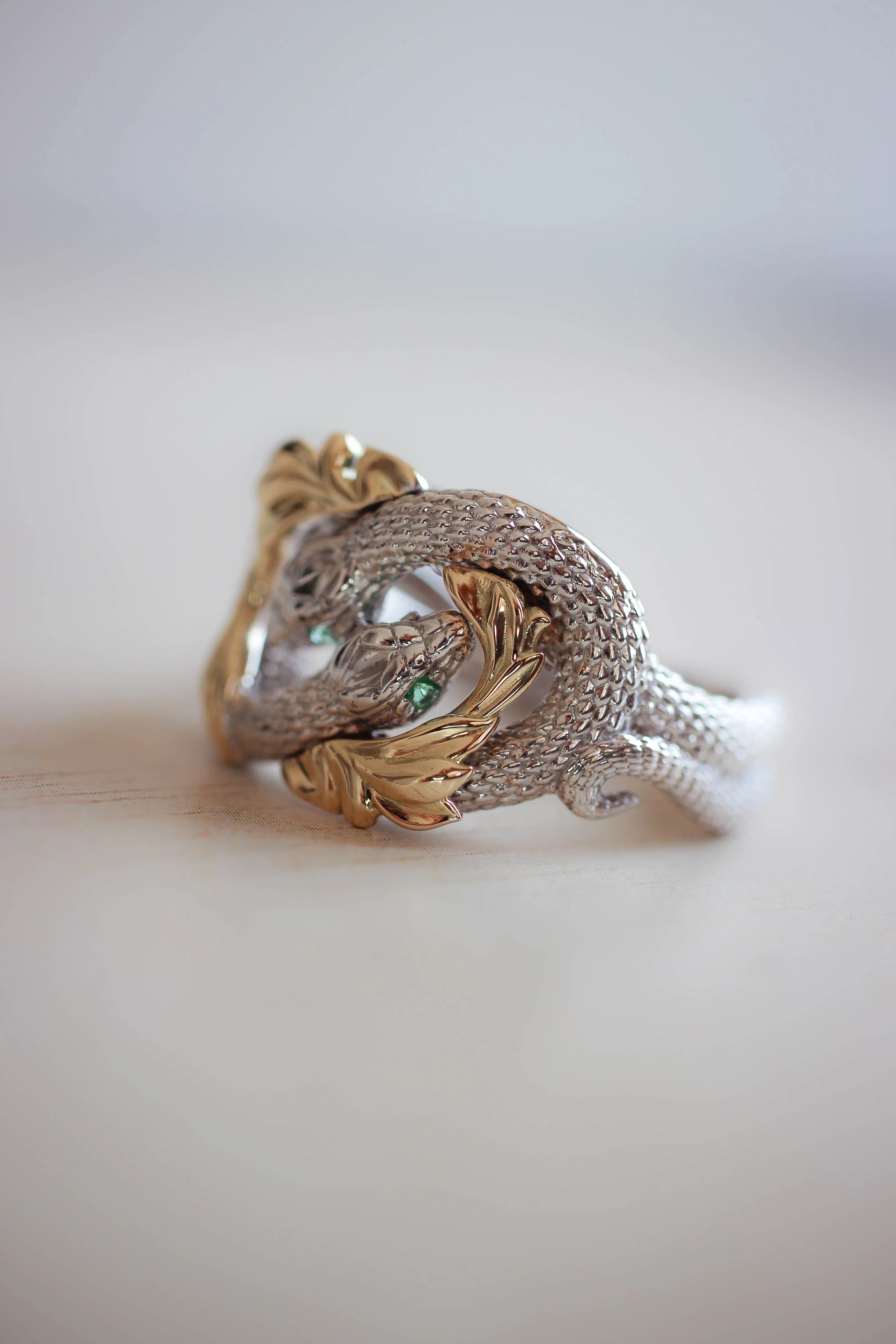 READY TO SHIP: Ring of Barahir in 14K white and yellow gold, natural emeralds, RING SIZES - 10.5 US