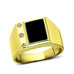 Real Fine 14K Yellow Gold Black Onyx Mens Ring with 0.06ct Natural 3 Diamonds