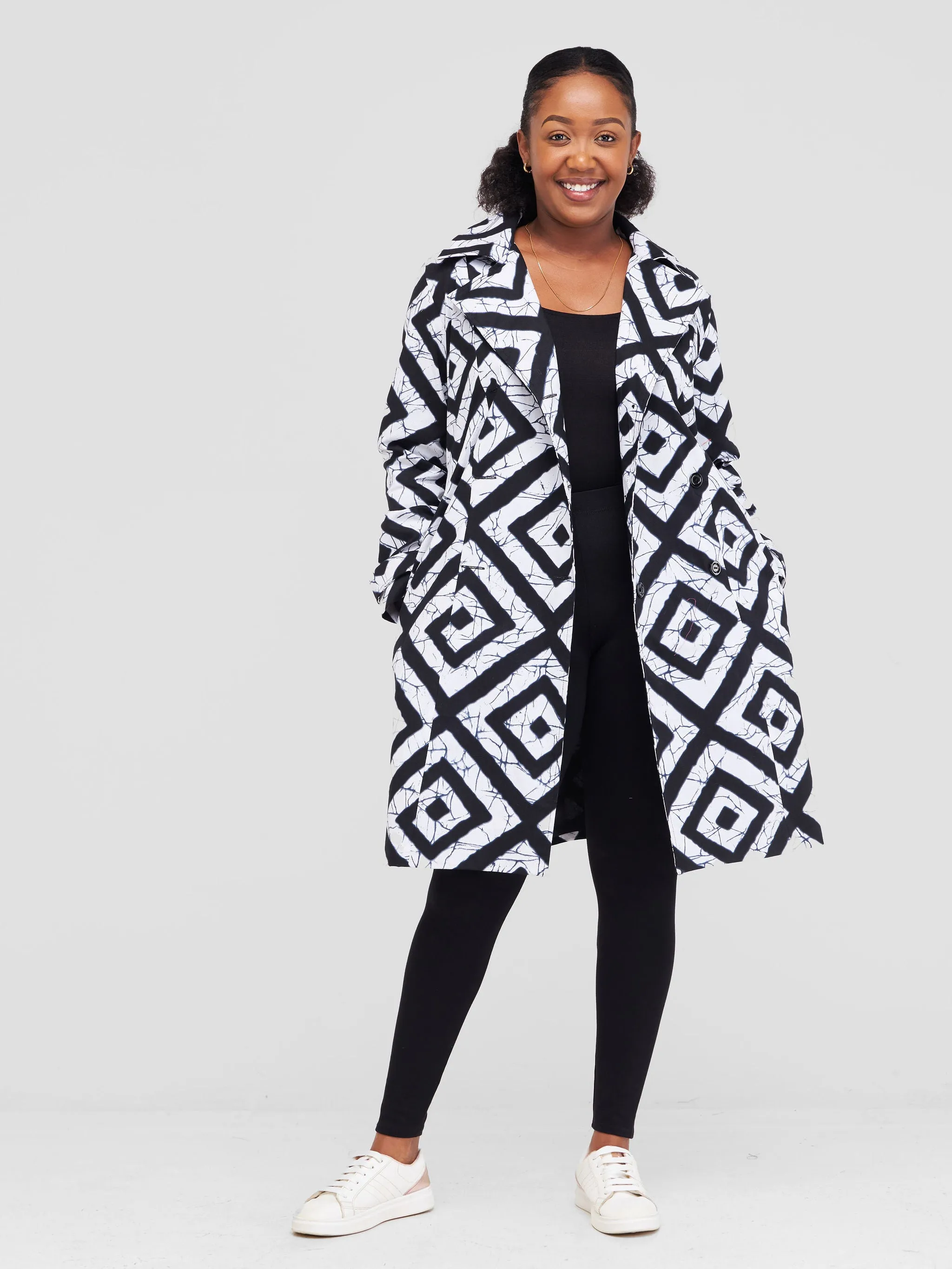 Safari Anga Trench Coat - Black / White Ankara Print