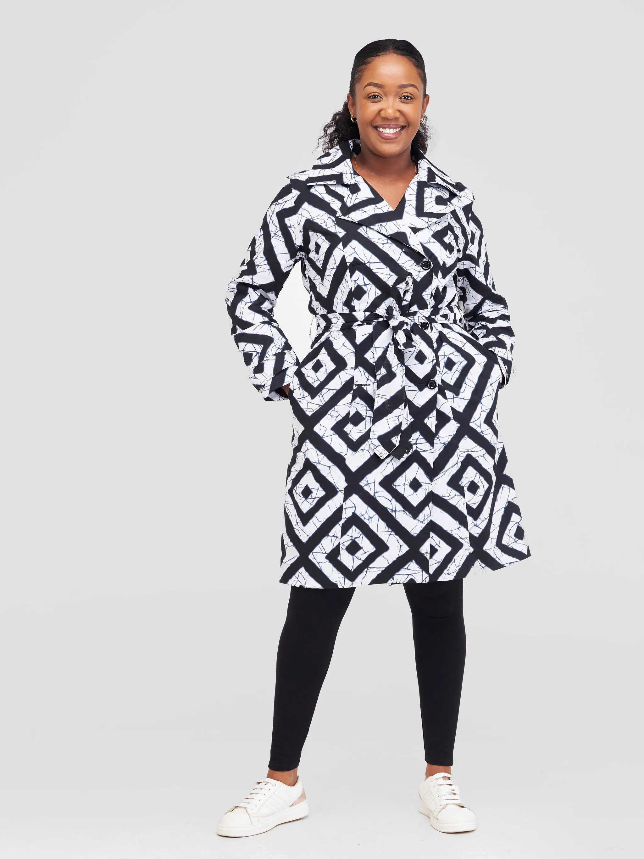 Safari Anga Trench Coat - Black / White Ankara Print