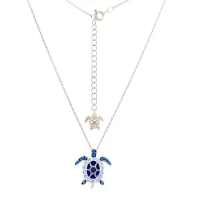 Sea Turtle Necklace with Elegant Blue Crystals in Sterling Silver