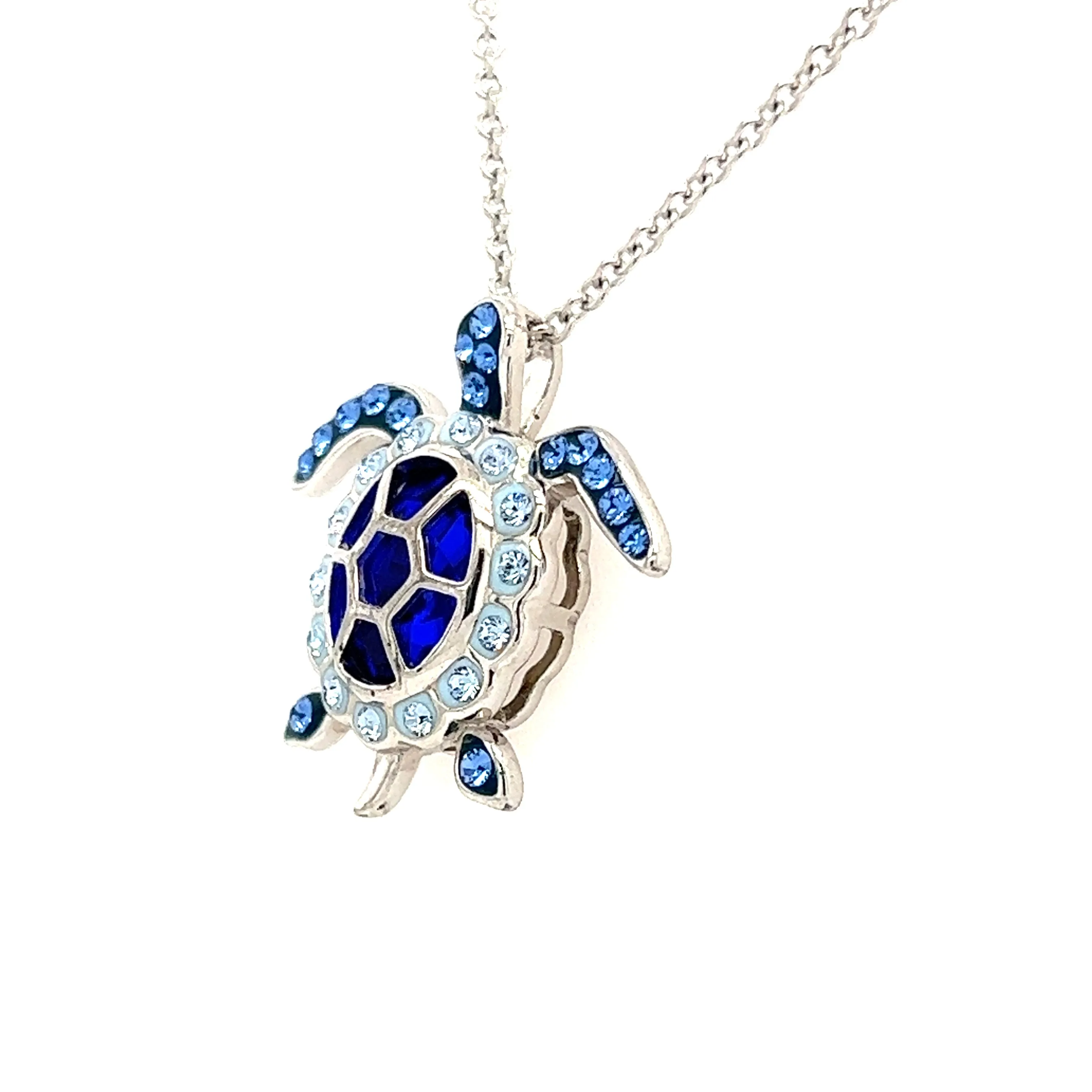 Sea Turtle Necklace with Elegant Blue Crystals in Sterling Silver