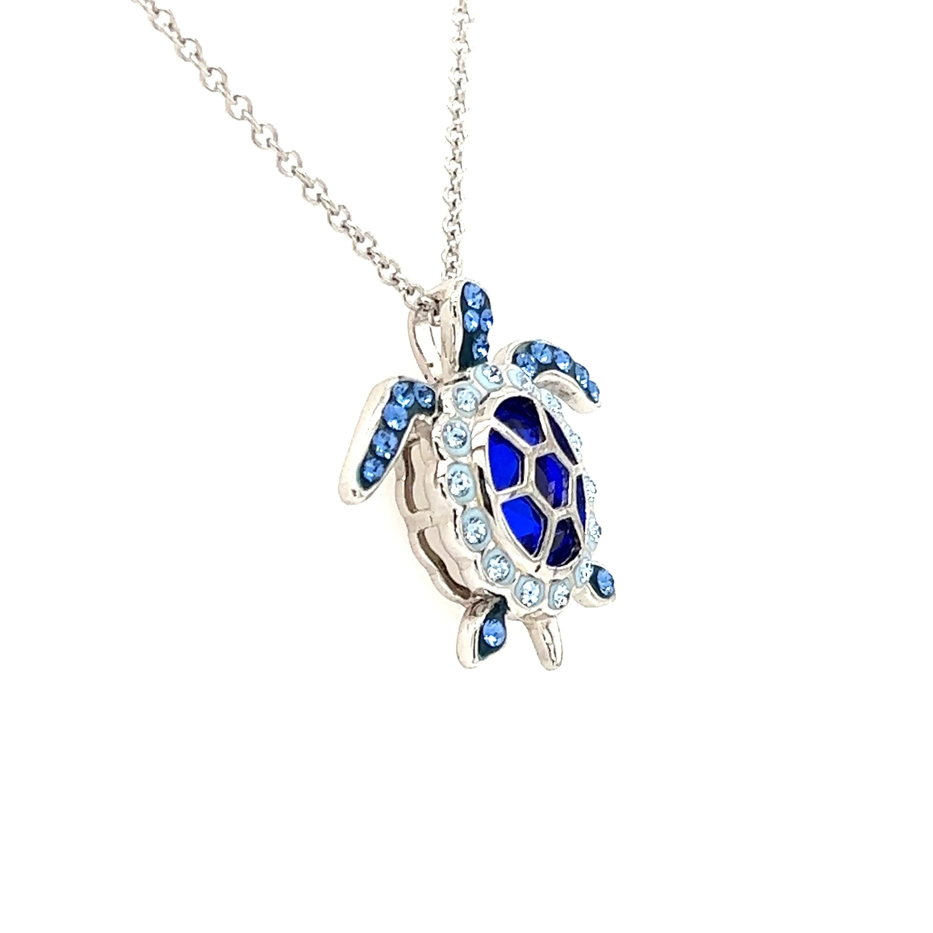 Sea Turtle Necklace with Elegant Blue Crystals in Sterling Silver