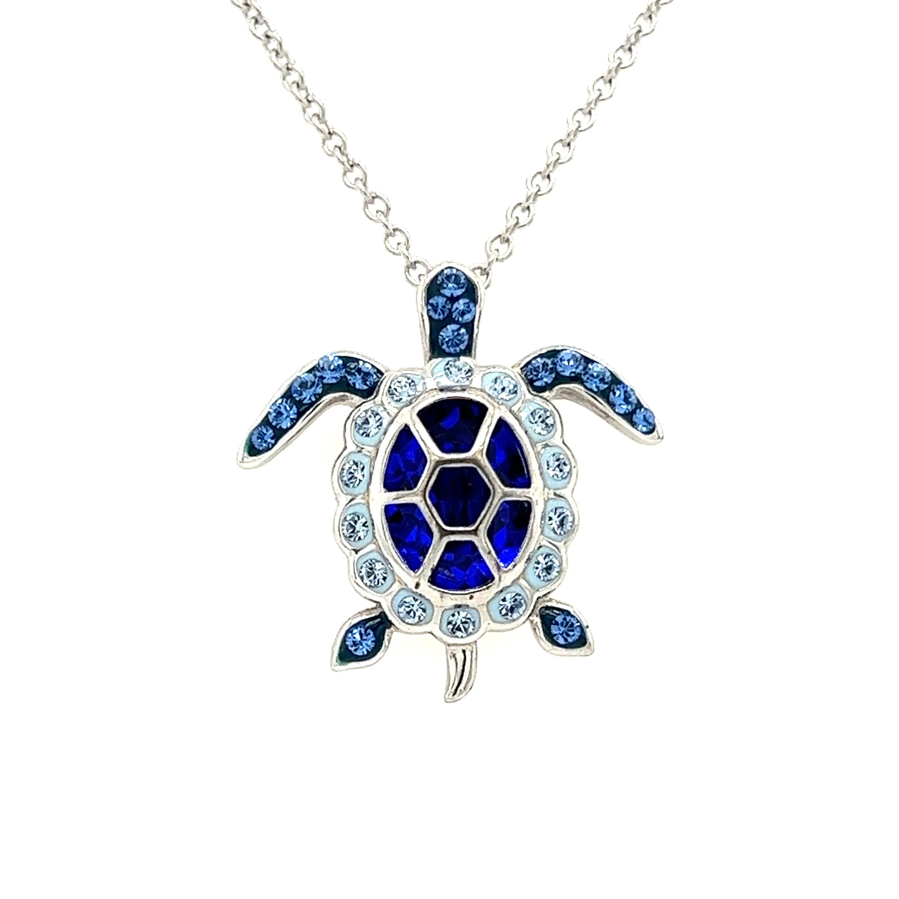 Sea Turtle Necklace with Elegant Blue Crystals in Sterling Silver