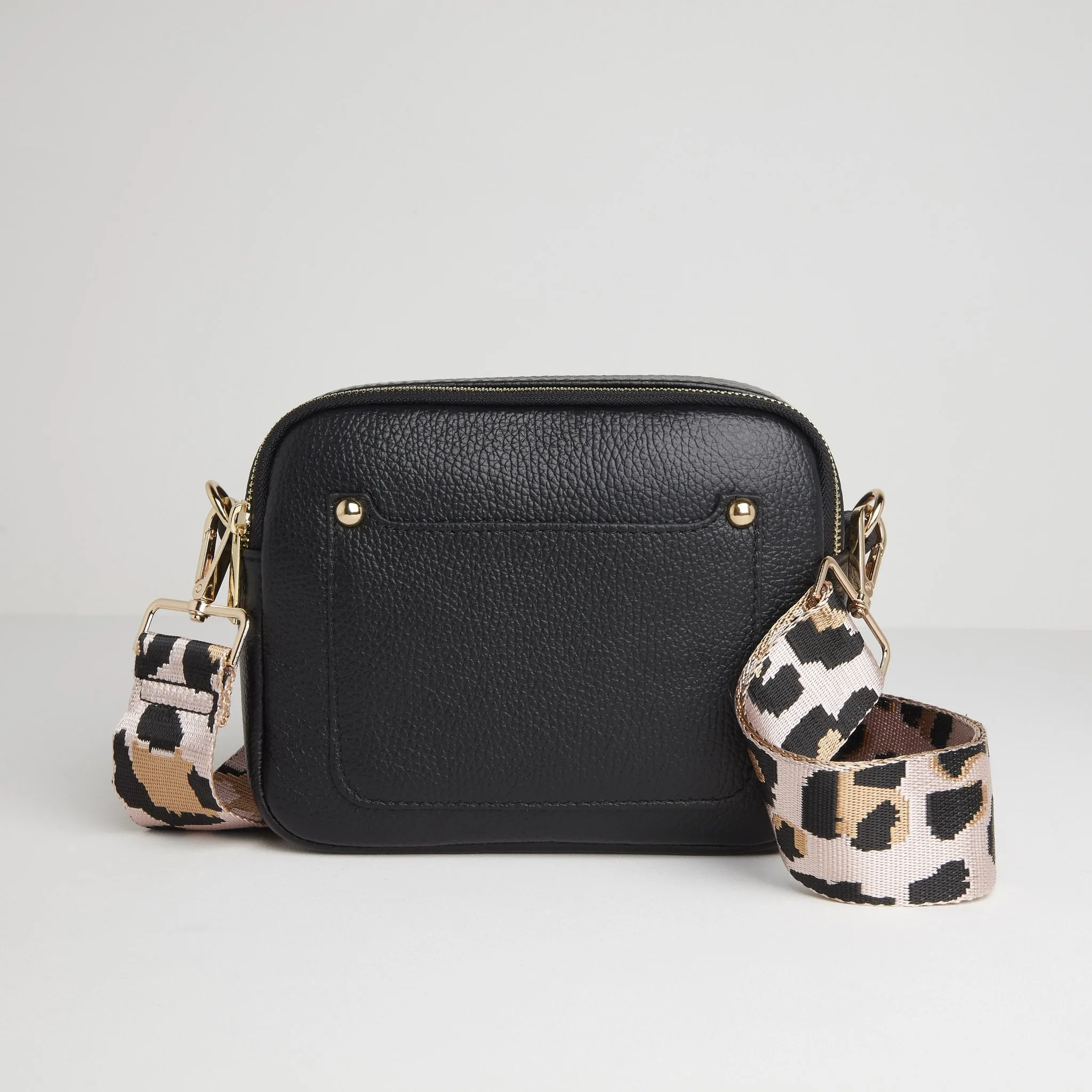 Sienna Crossbody Bag in Black with Light Pink Leopard Strap