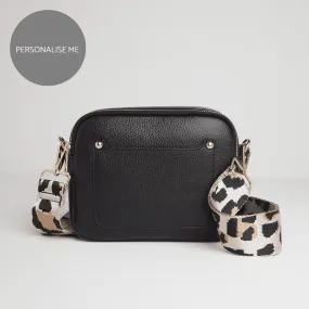 Sienna Crossbody Bag in Black with Light Pink Leopard Strap