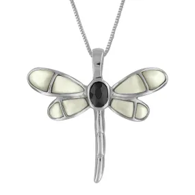 Sterling Silver Black Synthetic CZ Mother of Pearl Dragonfly Pendant Necklace, 16 2" Extender