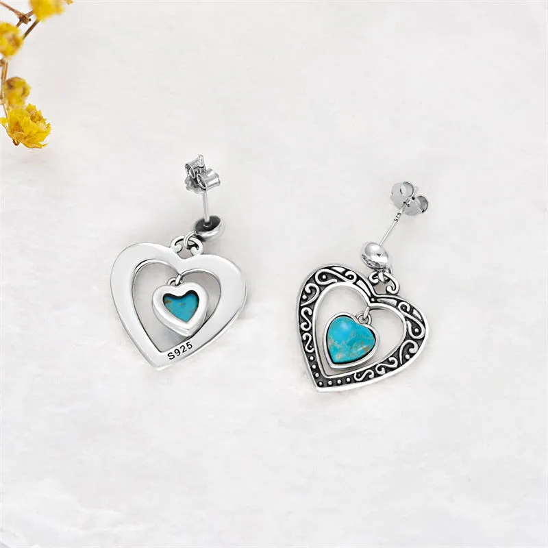 Turquoise Heart Earrings 925 Sterling Silver Heart Shape Natural Turquoise Hypoallergenic Dangle Drop Earrings Jewelry Gifts for Women Girls