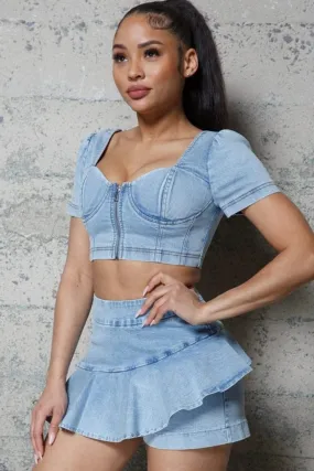 Vintage Puff Sleeve Bustier Denim Tops