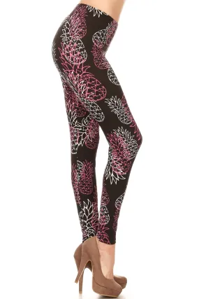 Women's Plus Wireframe Pineapple Floral Pattern Printed Leggings - Pink Black